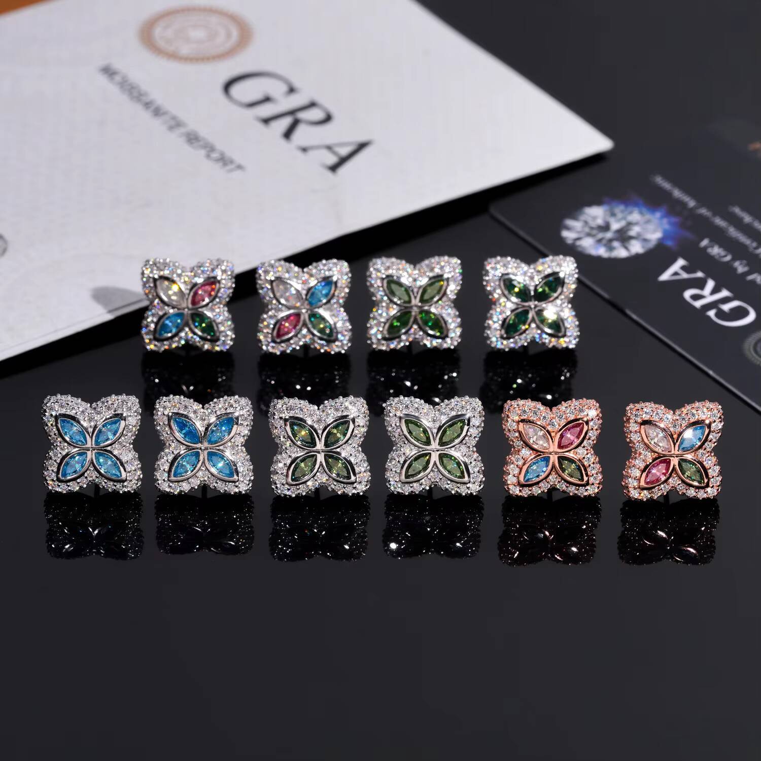 2025 High-End 925 Silver Inlaid Colorful Moissanite Four-Leaf Clover Stud Earrings Diamond Test Pen Approved