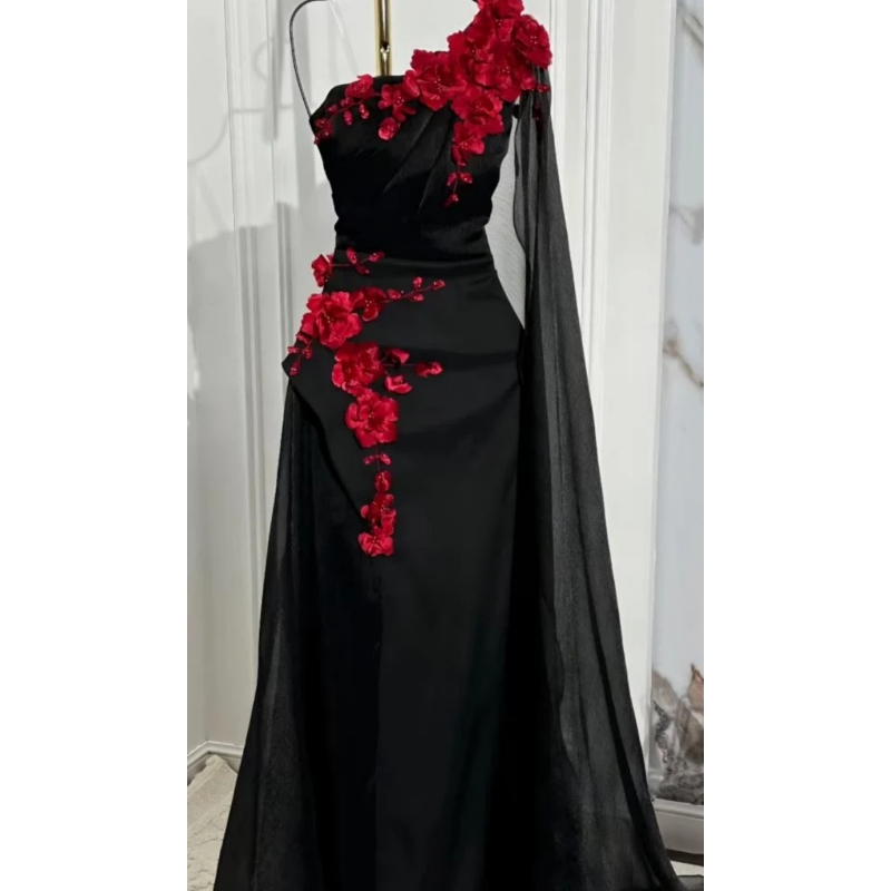 Elegant One Shoulder Black Prom Dresses With Red Flowers Appliques Arabic Dubai Chic Evening Gowns Long Special Occasion Dress