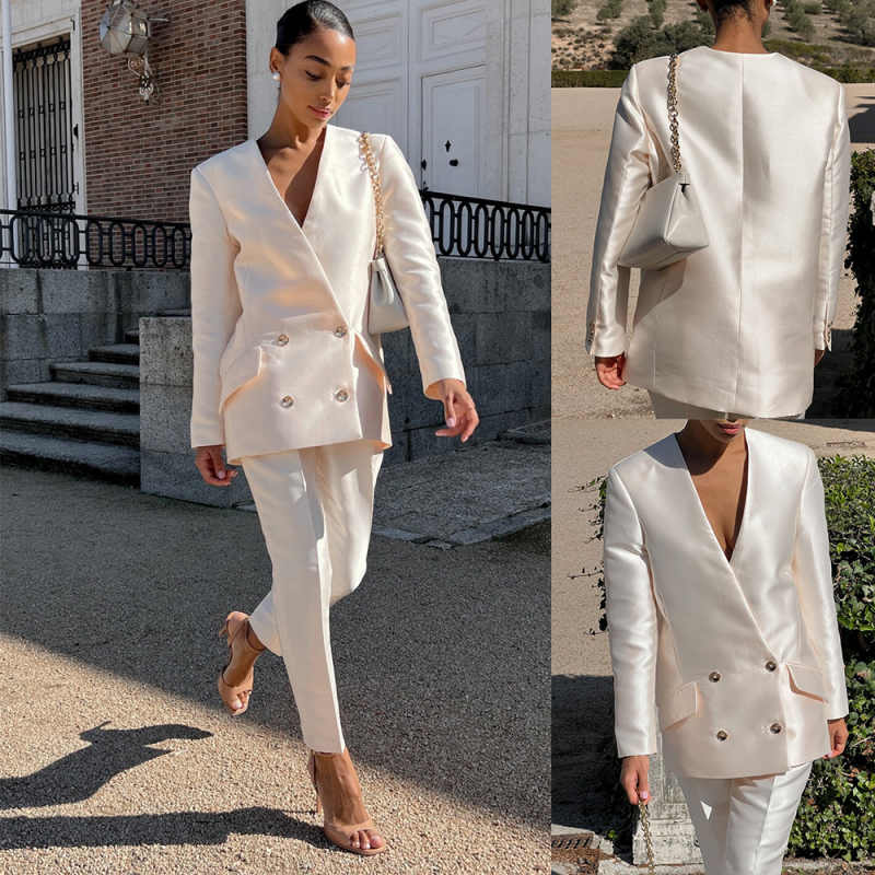 Satin Women Pants Suits 2 Pieces Double Breasted V Neck Ladies Wear Blazer Prom Birthday Party Customized Jacket Sets