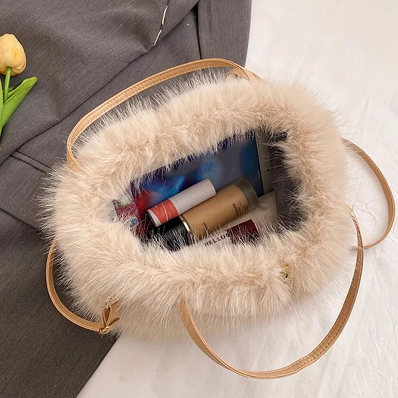 Artificial fur handbag womens bucket plush womens handbag soft winter cross body shoulder bag Bolsa Feminina 250427