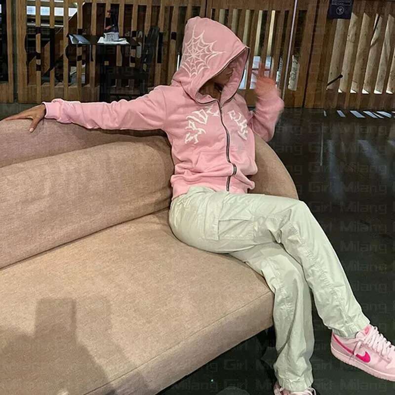 Zip Hoodie Spider web Men Print gothic Punk Sweatshirt Women hoodies Sport Coat Pullover Long Sleeve Oversized hoodie Y2k jacket fashion clothing wome