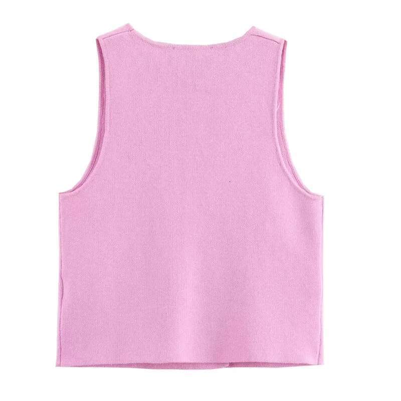 TRAF Sweater Lady Sleeveless Pink Knitted Vest For Women Fall Round Neck Short Sweaters Elegant Knit Vests Woman fashion clothing women