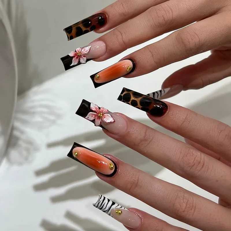 24 pieces of French 3D flower false nails Hand embossed leopard powder blusher gradual change false nails Y2k long ballet coffin full cover H25429