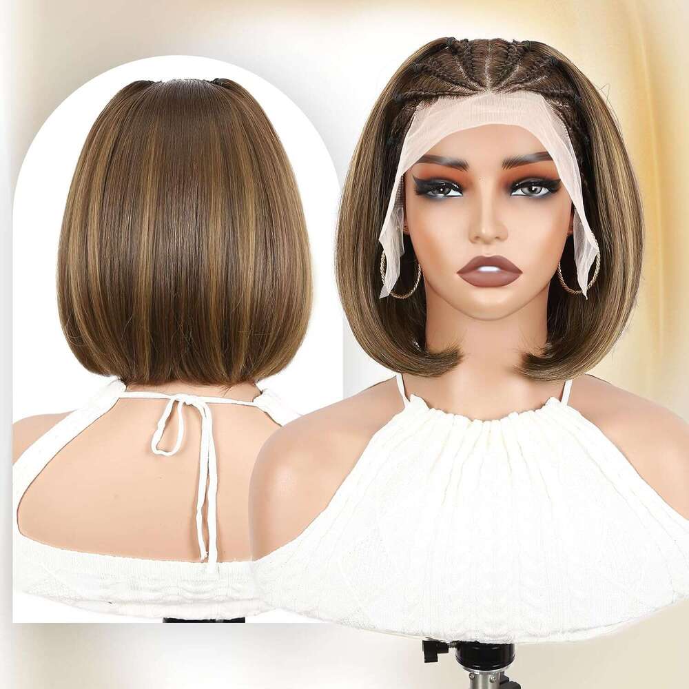 WIGER Highlighted Frontal 13x4 for Black Women Glueless Hair Wig Braided Front with Cornrow 12 Inch Synthetic Full Lace Straight Bob Wigs