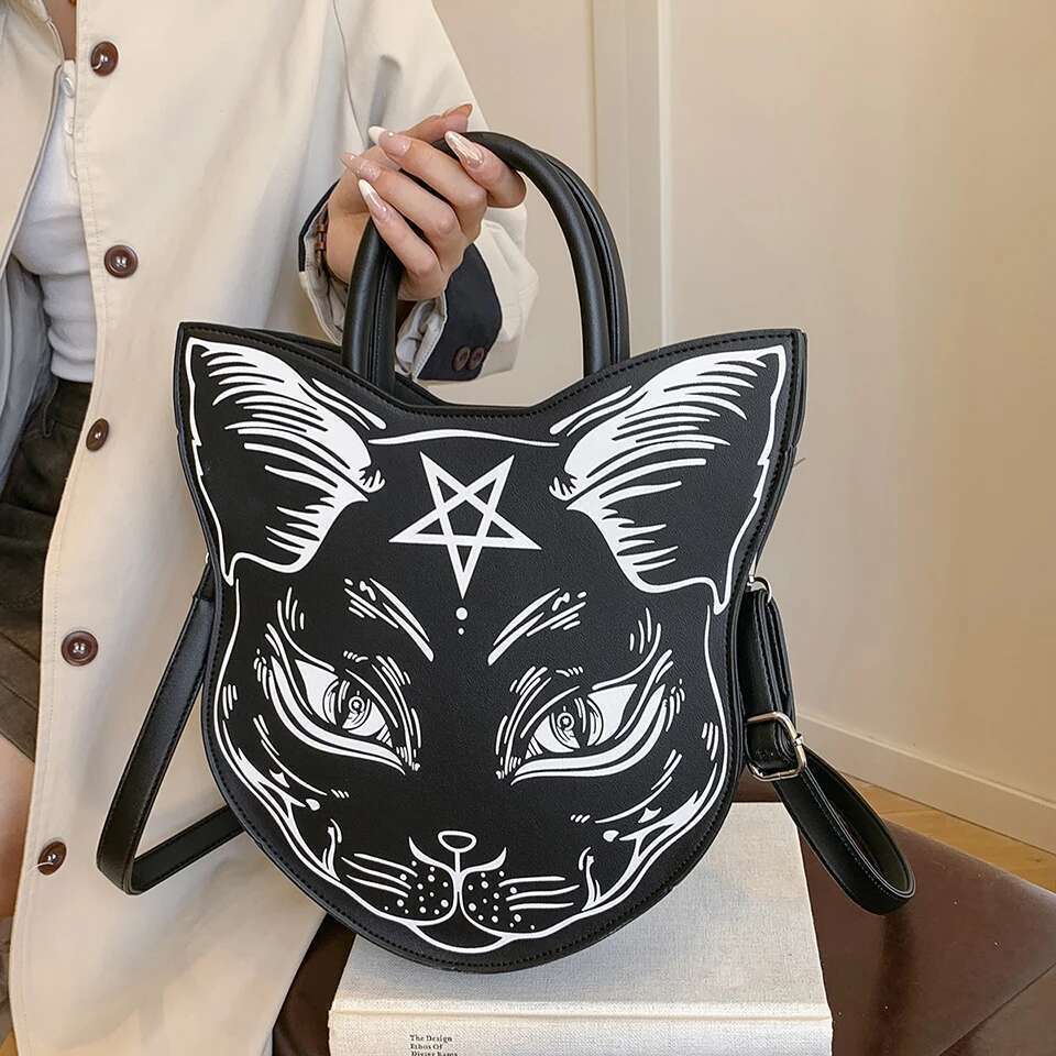 Haruku Dark Straddle Fashion Trend Hold Bag Punk Style Cat Face Halloween Handbag For Ladies