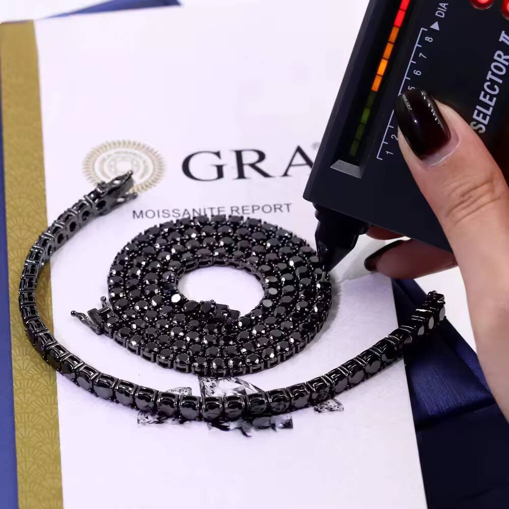 Fashion Black Moissanite Chain S925 Silver 3-4mm Iced Out Moissanite Tennis Chain Tennis Bracelet