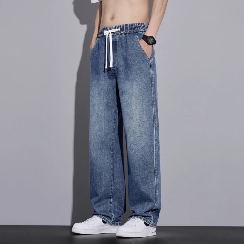 Mens clothing wide leg pants luggage jeans streetwear straight fashion denim Trouser Y2k retro washed elastic waist mens pants 250423