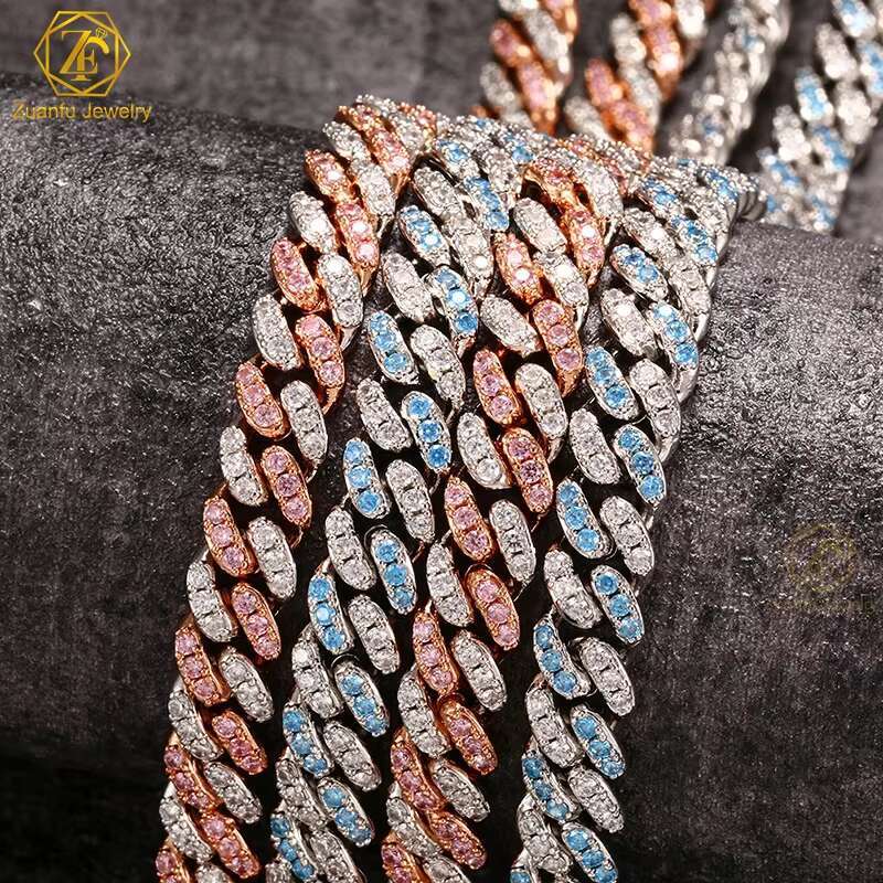 Wholesale Jewelry 8MM Gold Silver Rainbow Pink Blue VVS Moissanite Diamond Cuban Chain Miami Cuban Chain