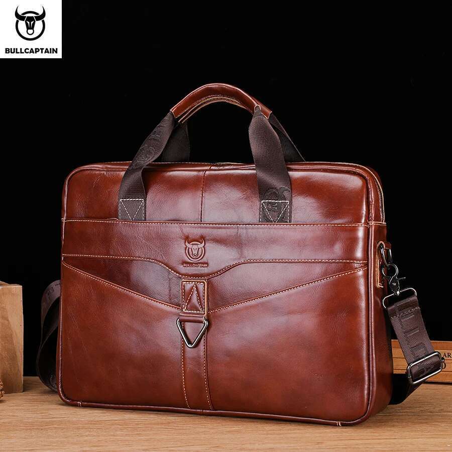 BULLCAPTAIN Genuine Leather Shoulder Bag 15 Inch Laptop Case Men's Briefcase Classic Office Business Handbag