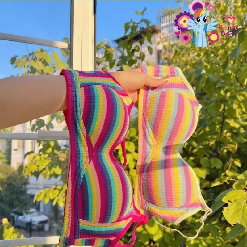 Dopamine Girl Rainbow Stripe Colorful Small Chest Stainless Steel Ring Underwear Back Bra High Impact Sports Plus Size 250430