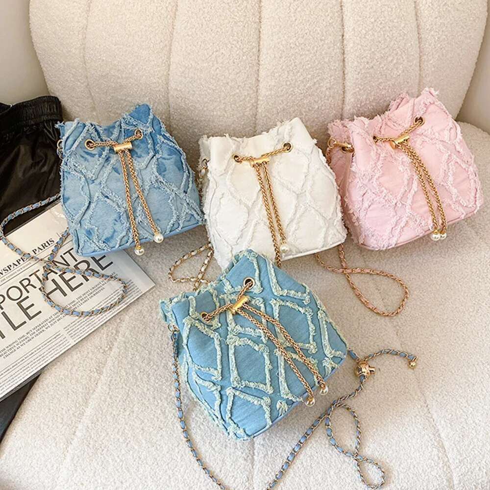 Denim Bucket Dia Pattern Women Shoulder Drawstring Handbag Adjustable Strap Hobo Travel Bag