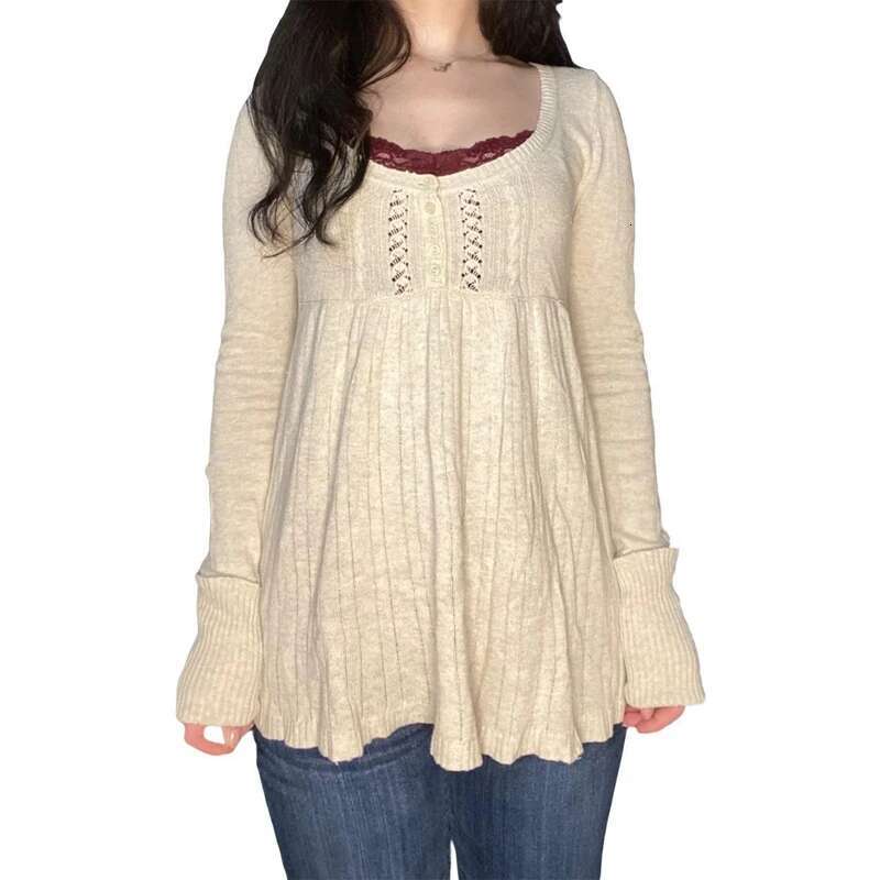 2000s Vintage Long Sleeve Babydoll Knitted Sweater Tops Cottage Milkmaid Pullovers Aesthetic Grunge Y2k Knitwear T-shirts Women fashion clothing women