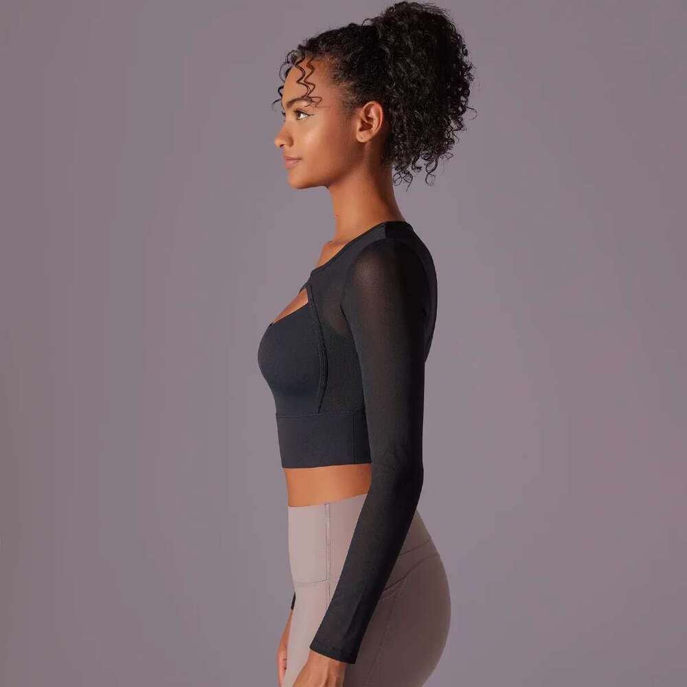 Women Padded Long Sleeve Crop Tops Running Shirts Workout Gym Top Sports Sexy Mesh Yoga Shirt