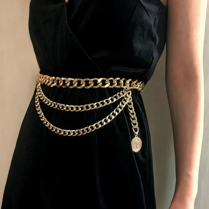 Fashion gold chain belt womens dress punk edge silver metal 250425