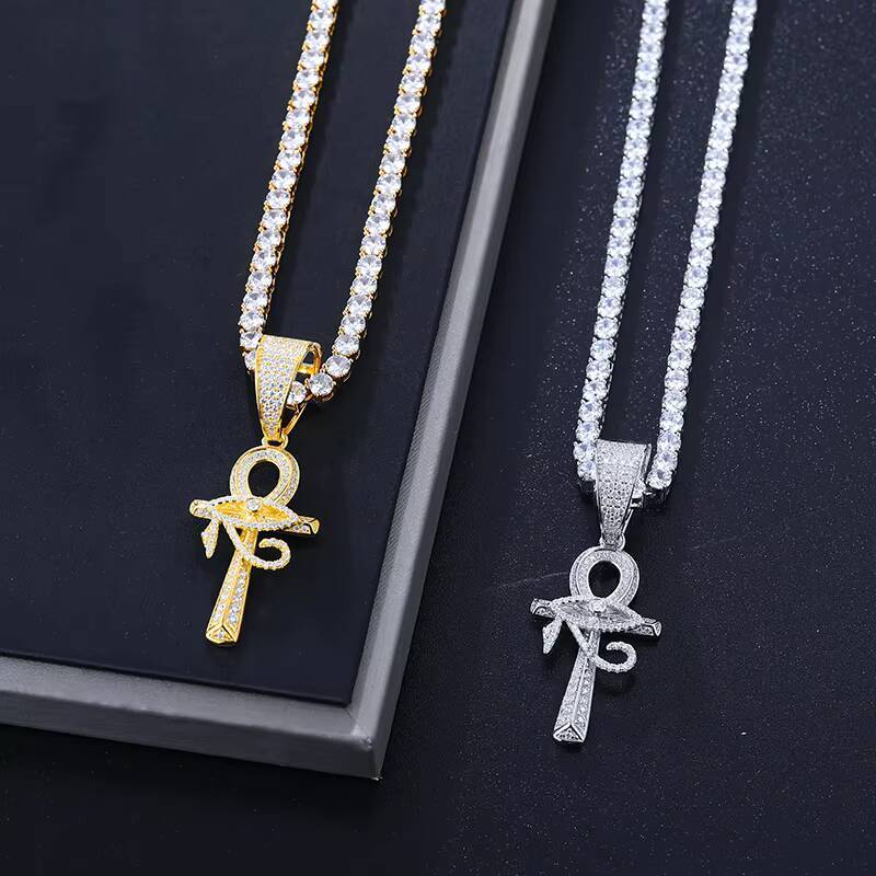 Dropshipping High Quality Bling 925 Sterling Silver VVS Moissanite Diamond Iced Out Evil Eye Ankh Cross Pendant Necklace