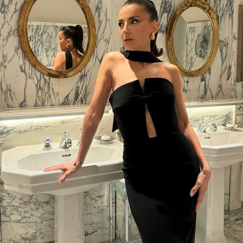 Fashionable and sexy Maxi womens summer elegant strapless sleeveless bow pure thin dress casual streetwear club party dress W250430