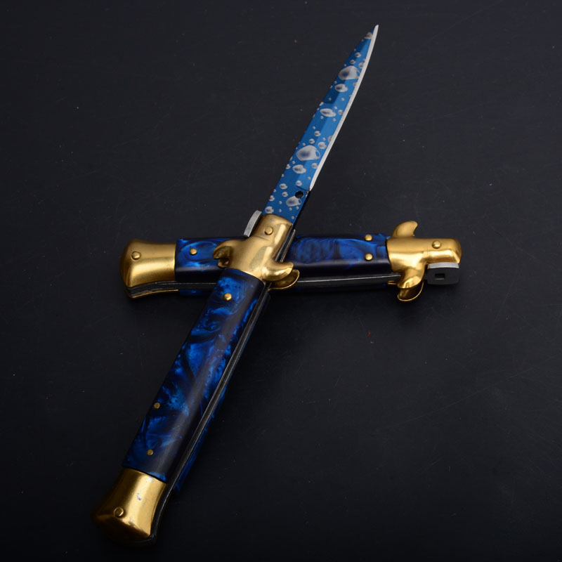 3Models 9'' Inch Gold Stiletto Mafia Folding Knife 3.77'' 440C Blade, Acrylic Handles