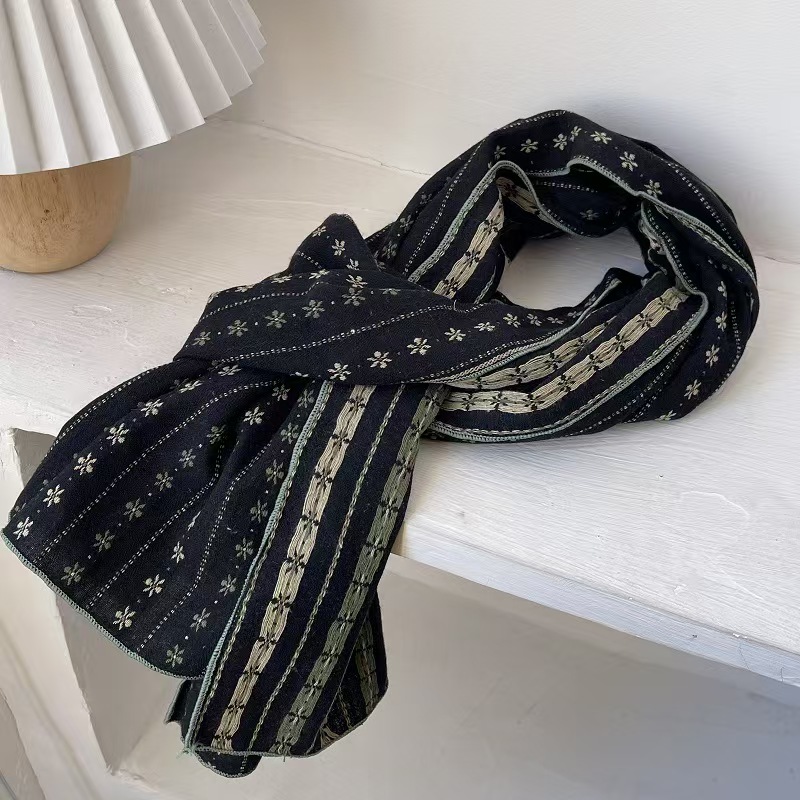 T600 Japanese college style retro literary brown coffee double-sided flower cotton scarf female students spring autumn winter neck protection scarf