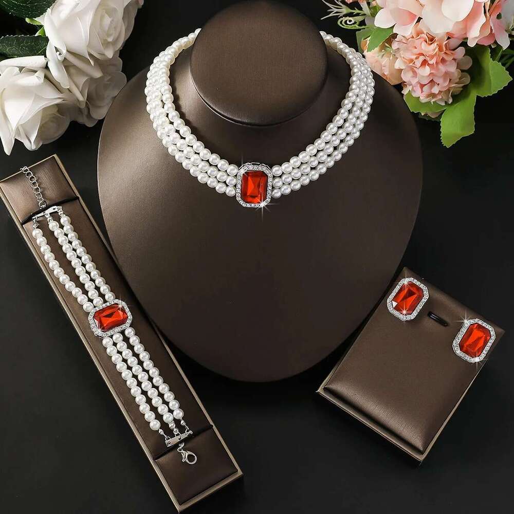 4Pc Women's Fashion Light Short Style Imitation Pearl Turquoise Necklace Earrings Bracelet Jewelry Set Party Festival Gif