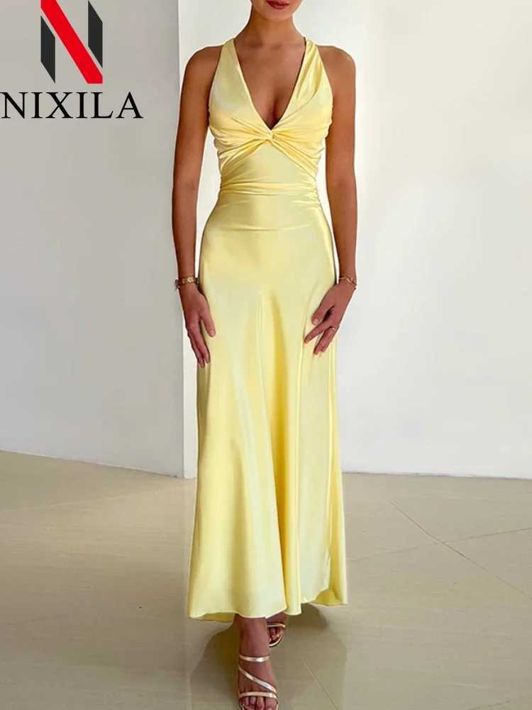 Summer elegant womens fashion sexy V-neck solid shoulder strap backless long ultra-thin satin beach party dress womens clothing W250430