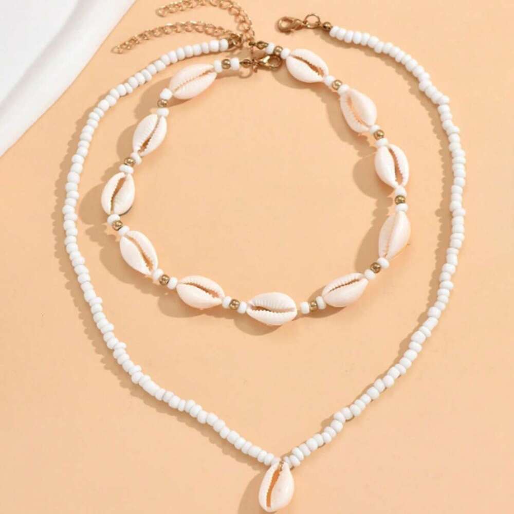 Xiang decoration beach vacation style shell pendant necklace, hand woven rice beads, double-layer stacked collarbone chain