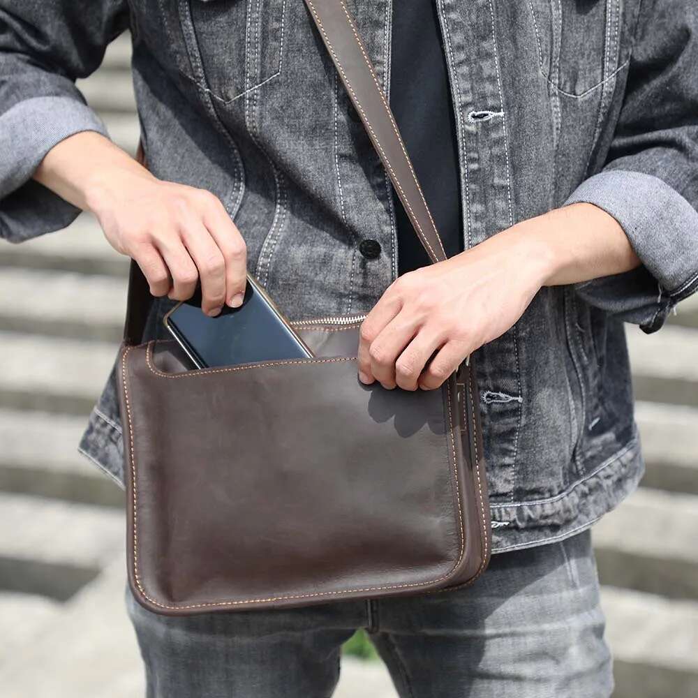 S.WORKER Vintage Genuine Leather Men's 11" Messenger Crossbody Bags Crazy Horse Cowhide Shoulder Bag Top Layer Fashion