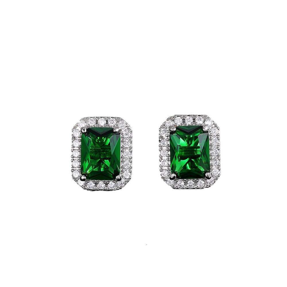 Cao Shi's Exquisite Square Women's With Full Dia And Green Zircon Earstuds Jewelry