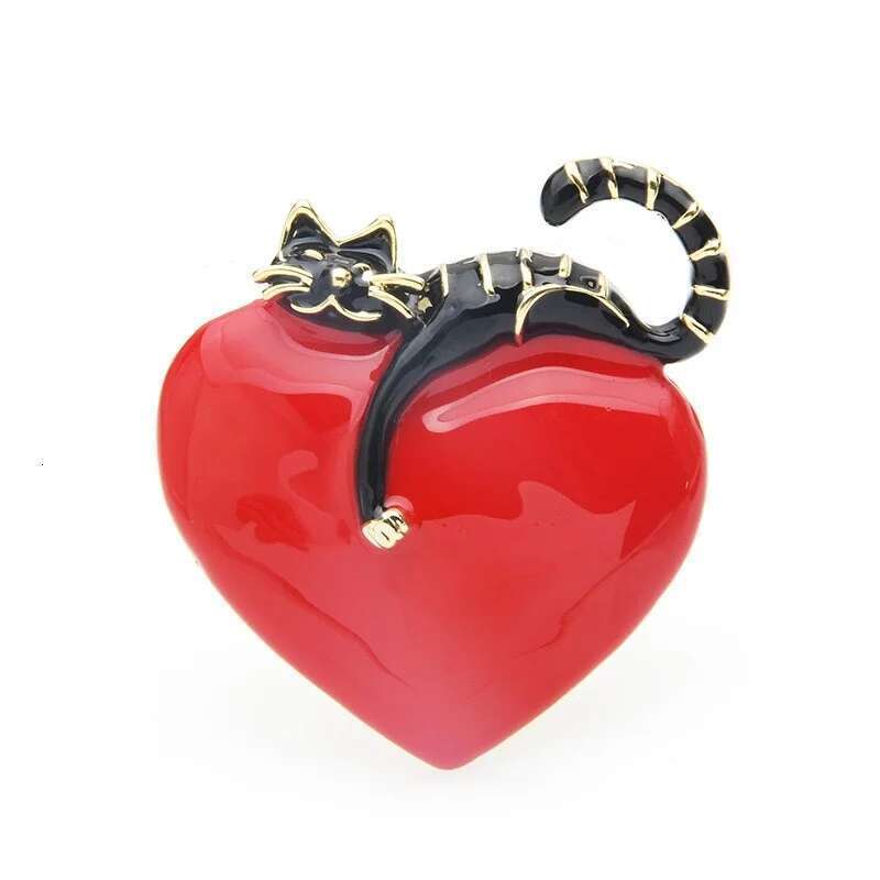 Original Enamel Heart Lazy Cat Pins For Lovers Wedding Jewelry Brooch Christmas New Year Gift