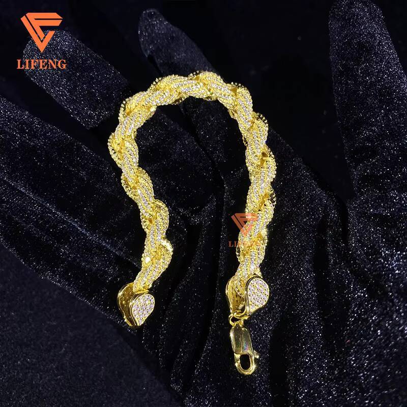 Wholesale Moissanite Rope Chain 925 Sterling Silver Rope Chain Iced Out18k Gold Plated VVS Moissanite Bracelet Men Hiphop