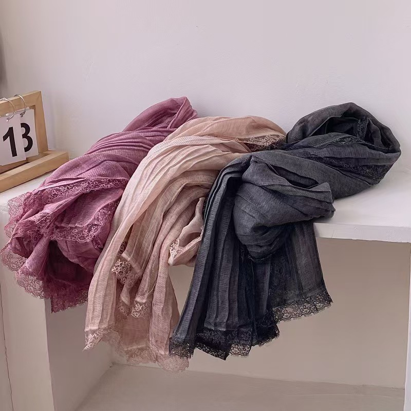 T595 lace edge pleated long cotton and linen scarf female spring and autumn pure cotton scarf autumn and winter literary shawl sunscreen
