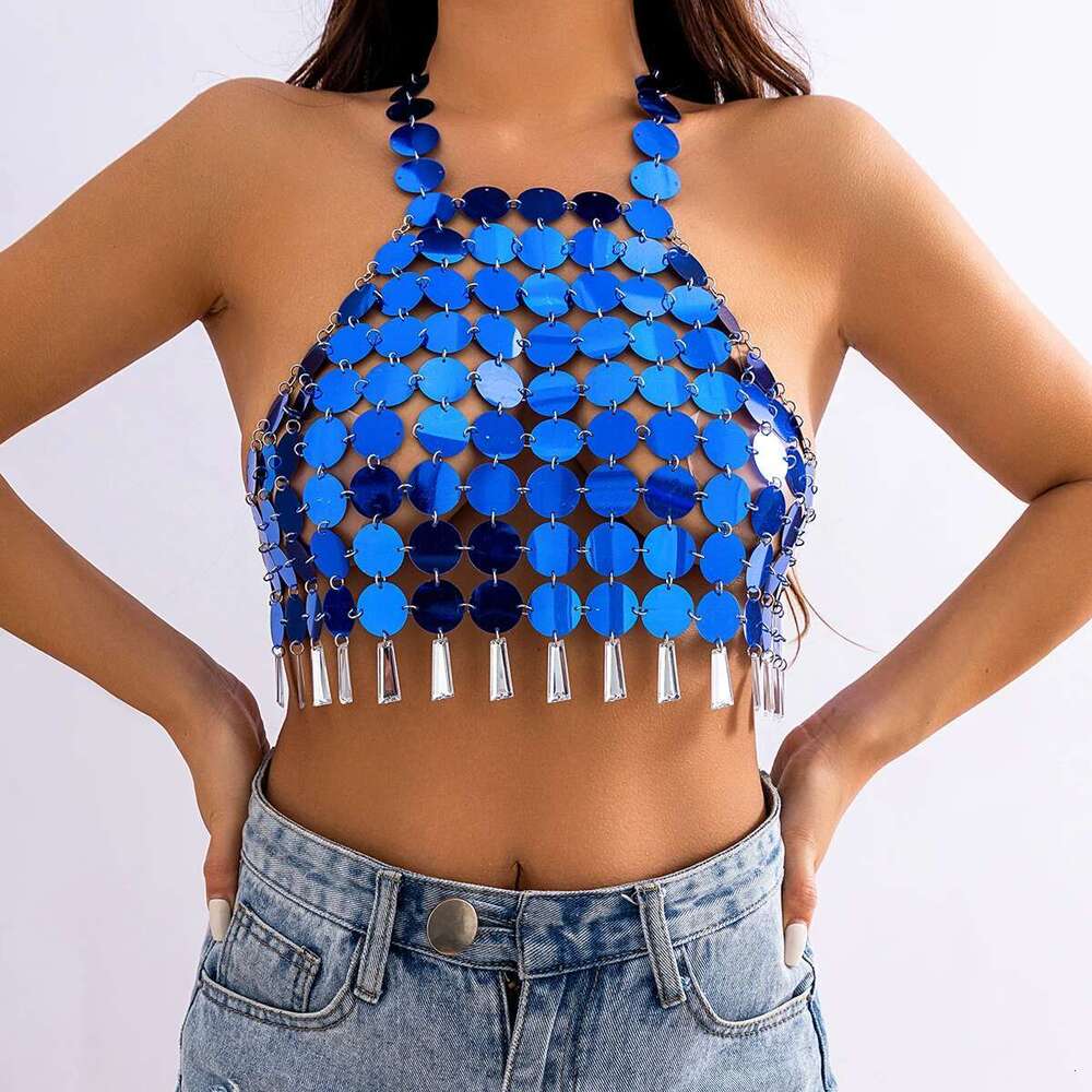 Ingesight.Z Sexy Sequins Hanging Neck Bra Top Chest Chain Women Summer Beach Crystal Tassel Pendant Body Festival Y2k Jewelry
