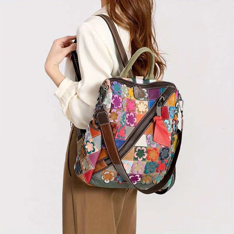 2025 New Spring Genuine Color Splicing Retro Women's Head Layer Leather Travel Backpack