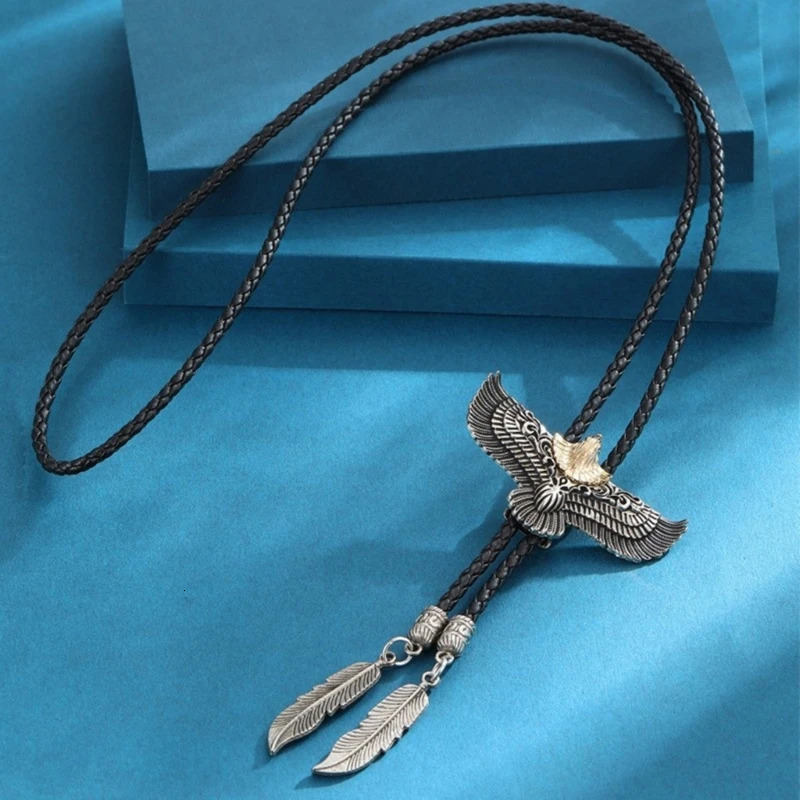 Mens Women American Bolo Tie Western Cowboy Leather Rope Necktie Metal Flying Eagle Feathered Pendant Western Necklace 250430