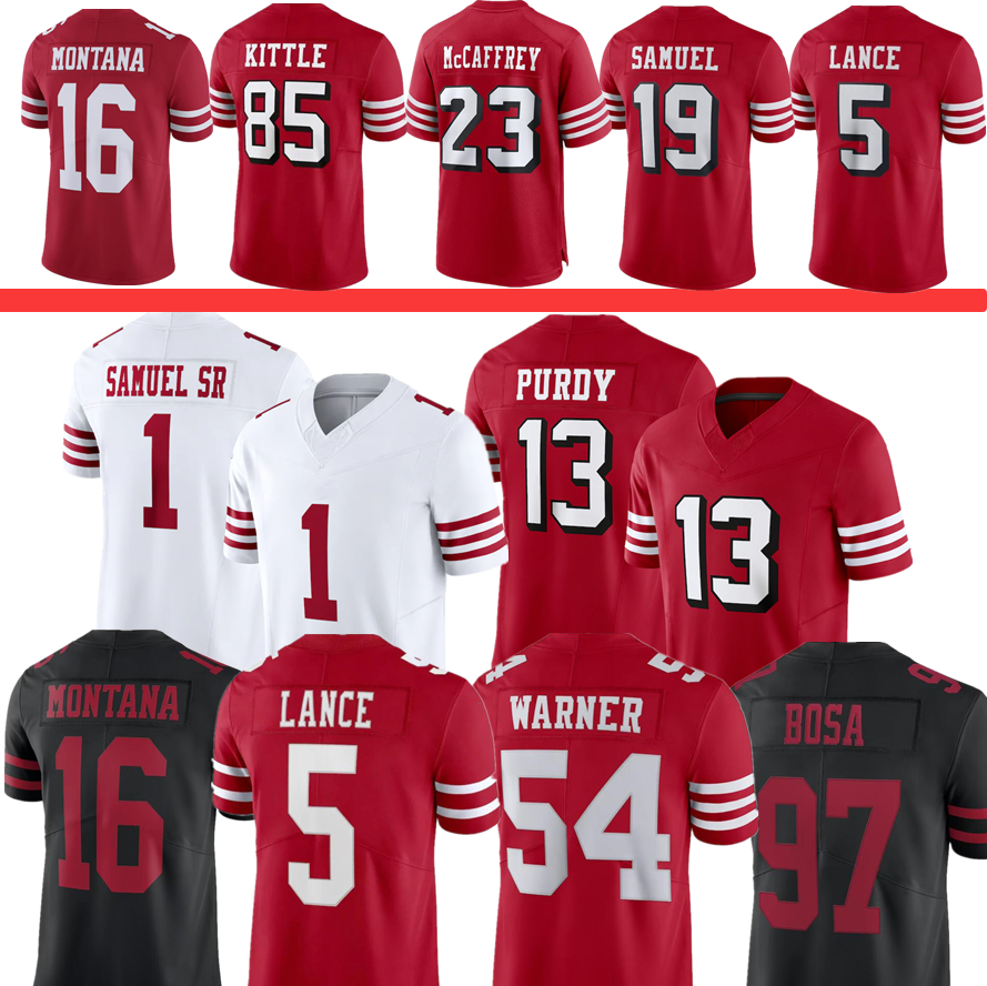 Stitched Christian McCaffrey George Kittle football jerseys Brock Purdy Trey Lance Joe Montana Fred Warner Deebo Samuel 97 Bosa men women youth S-3XL jersey