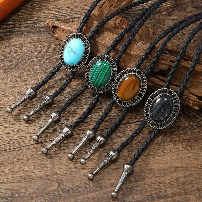 Vintage Stone Cowboy Hat Bolo Tie Western Punk Faux Leather Rope Necktie Jewelry Shirt Chain Necklace for Men Women 250430