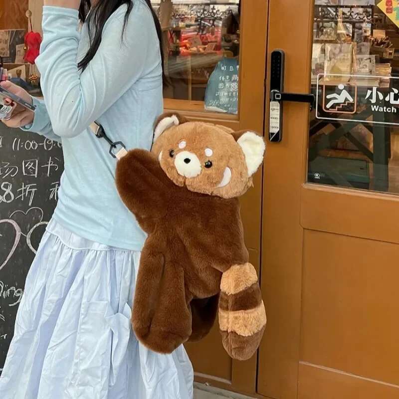 Red Panda Plush Backpack Cute Plushie Doll Women Crossbody Fur Soft Shoulder Bag For Camping Travel Party Female Birthday Gift