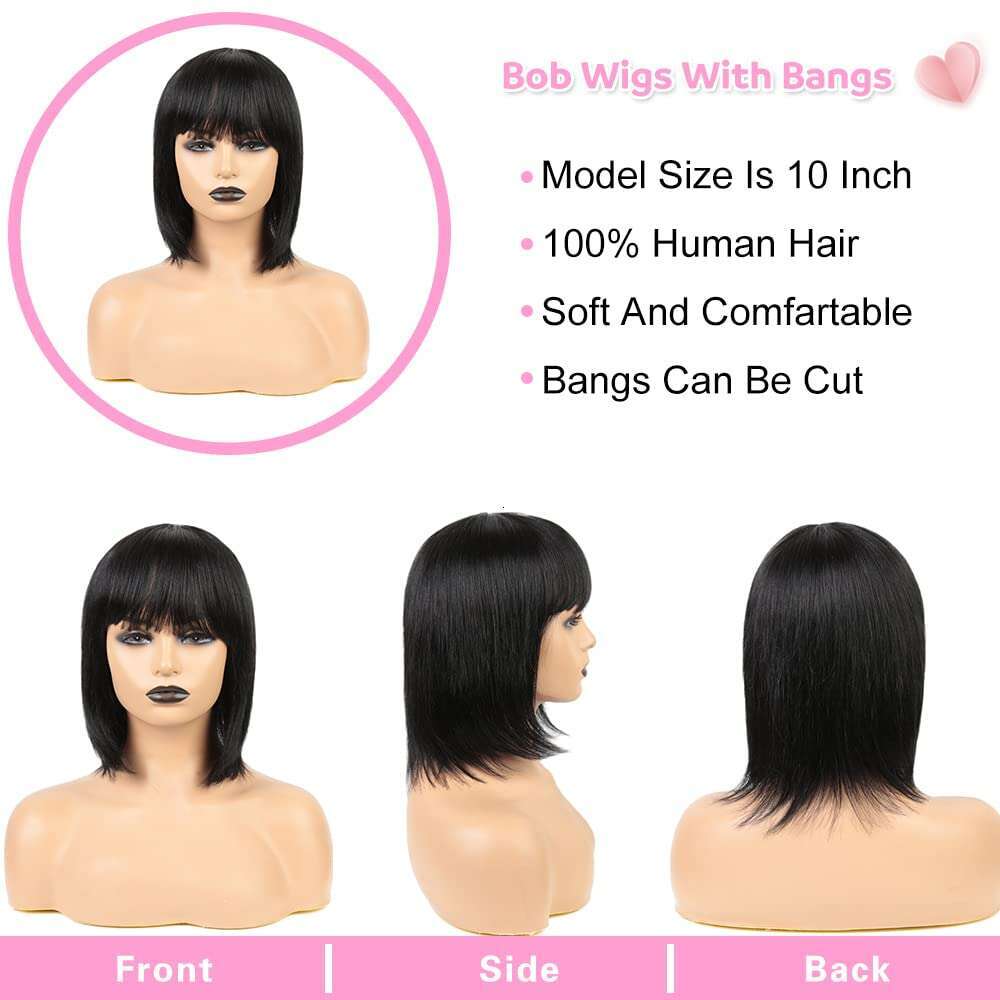 Human 150% Density Short Straight Bob Wig With Bangs None Lace Front Brazilian Hair Wigs (Black, 10inch)