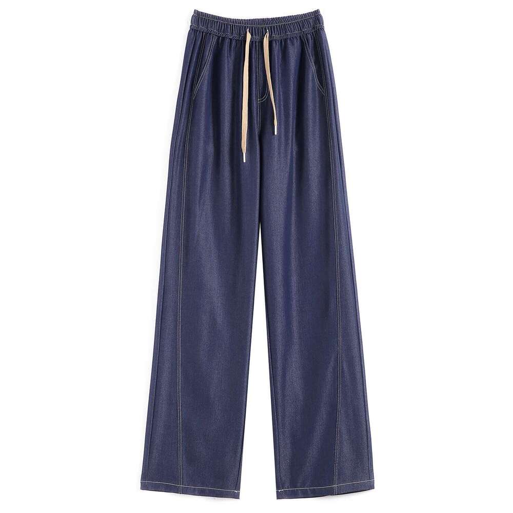 2025 New Spring Summer Ice Silk Women's Wide Leg Full Pants High Waist Lace-up Female Elegant Straight Loose Trousers