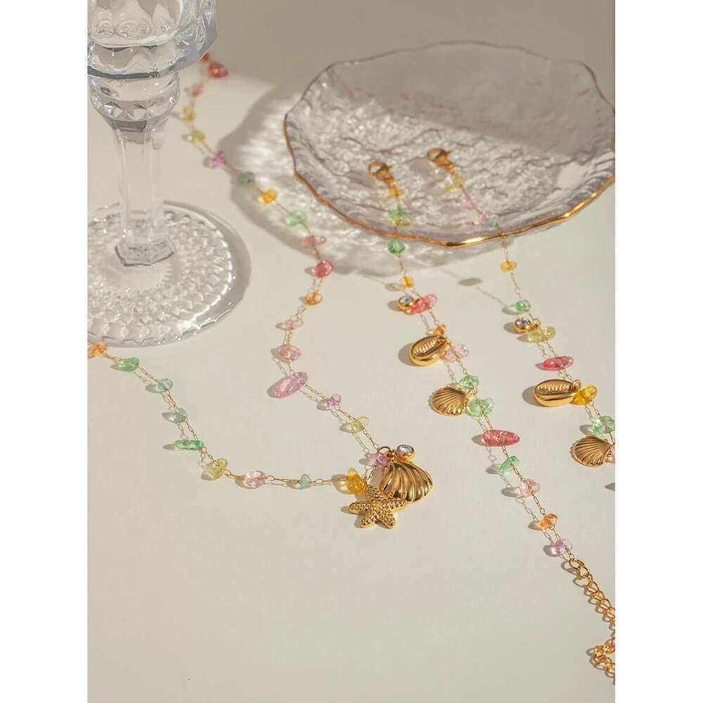 Gold Plated Stainless Steel Colored Crushed Stone Shell Starfish Rhinestone Necklace Anklet Bracelet Chain Beach Jewelry Set