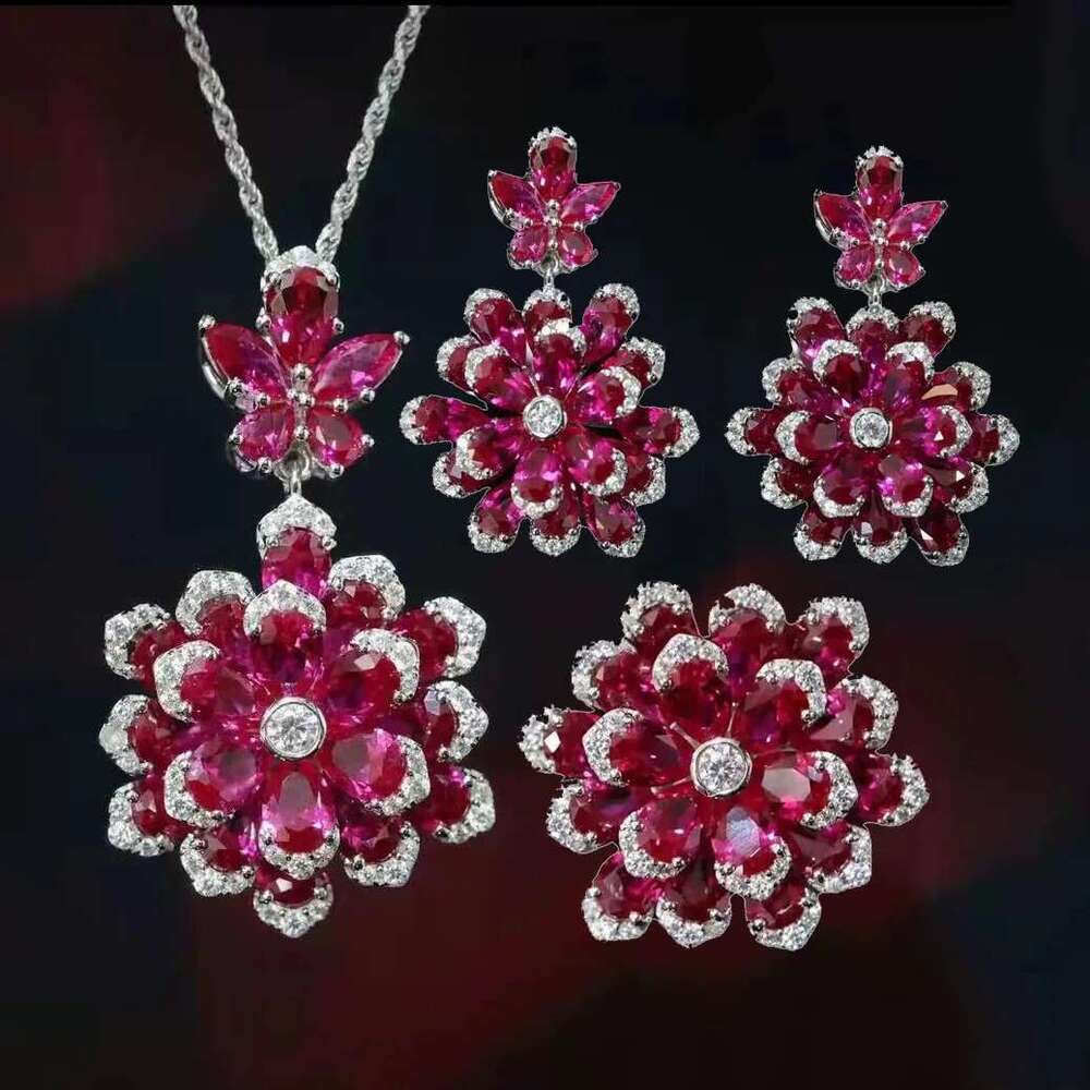 Foydjew New Flower-Shaped Jewelry Sets Necklaces Royal Blue Pendant Earrings Simulated Emerald Color Treasure Rings