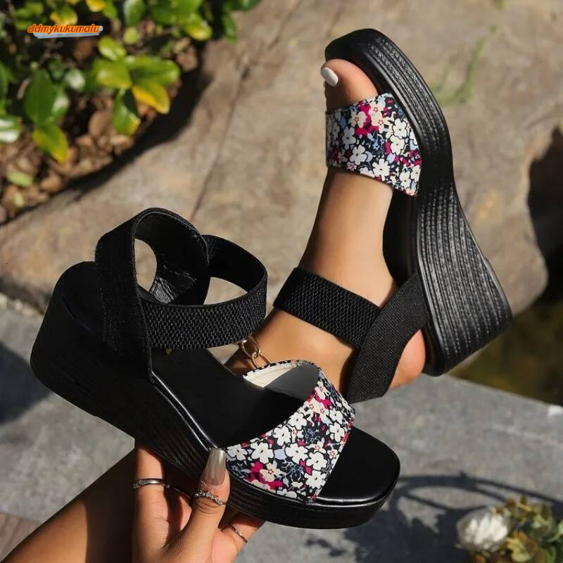 Fashion Floral Ladies Casual Broadband Open Toe Wedge Comfortable Elegant Sandals For Beach Flat Summer Shoes ddmykukumalu
