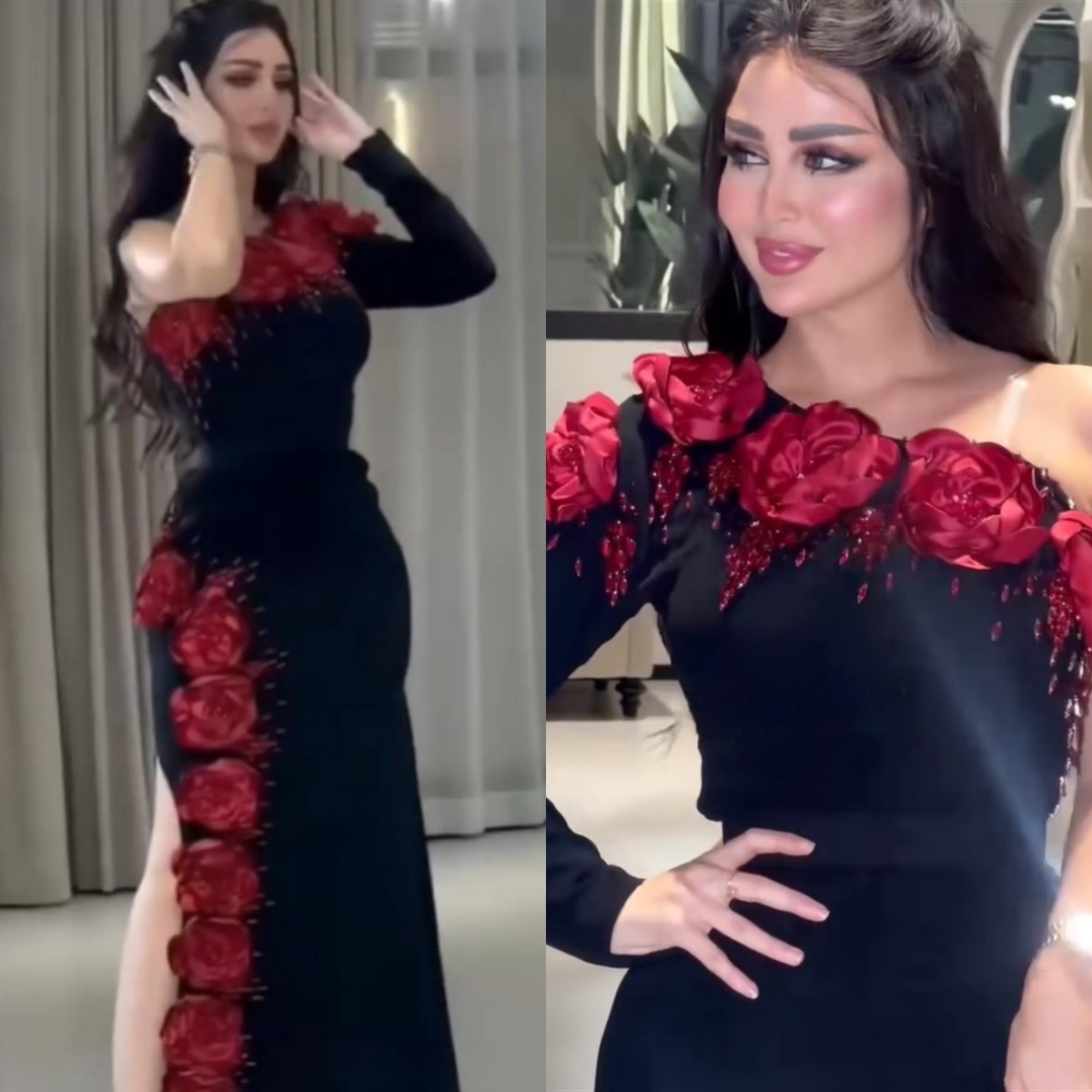 Elegant One Shoulder Red Flowers Prom Dresses Crystals Beaded Long Black Formal Party Gown Arabic Dubai Women Birthday Evening Dress Side Split