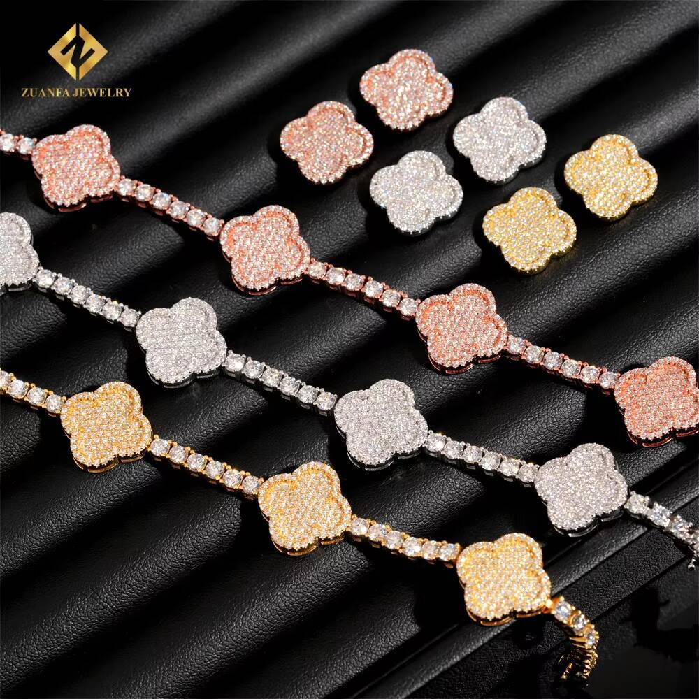 Vintage Bracelet Four Leaf Design Women Jewelry Iced Out S925 Silver 4mm VVS Moissanite Diamond Tennis BraceletEarrings Set