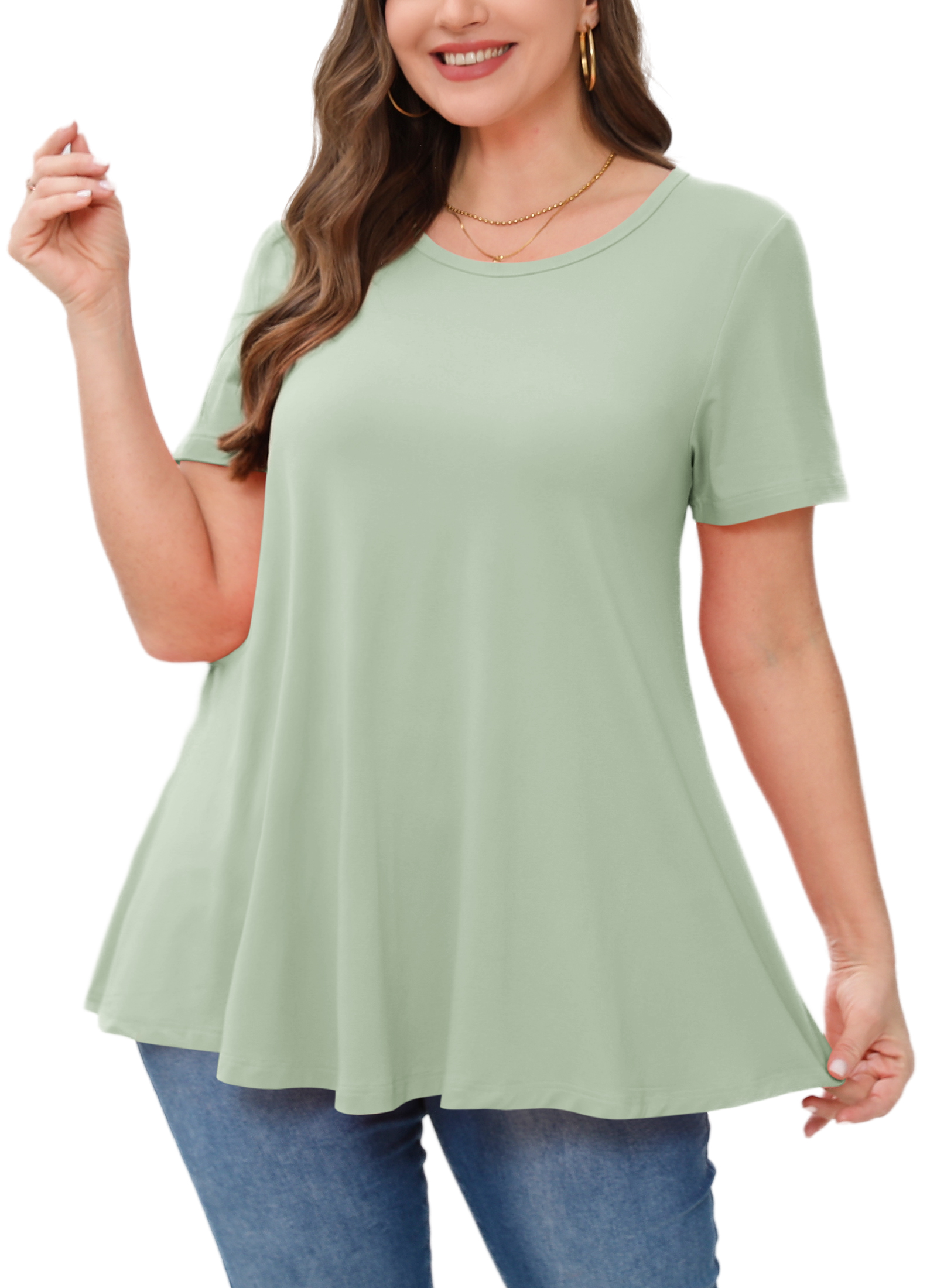 Tunic Tops for Women Plus Size Short Sleeve Crew Neck Swing Flare Loose T-Shirt Blouses to Wear with Leggings Sage Green Tops