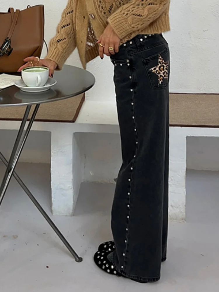 Street patch work jeans for women high waist wide leg floor denim pants springsummer fashion casual loose 250530