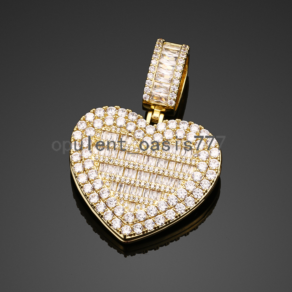 Wholesale Price 40mm Gold Plated Brass Baguette moissanite Diamond Custom Photo Necklace Heart Pendant With Chain