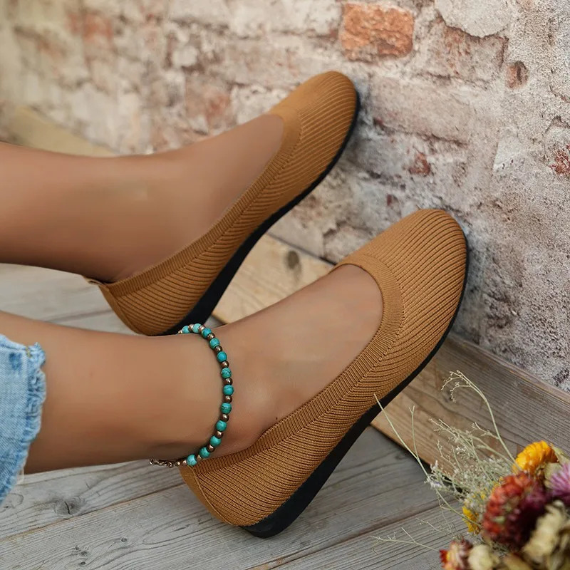 Spring Autumn Casual Shoes For Women Slip-on Pump Knit Single Flat Shoes Breathable Round Toe Ladies Cloth Loafers Large Sized 250421