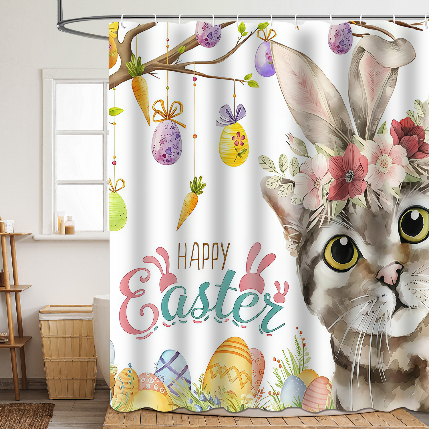 YL-37844 Shower curtain digitally printed with Easter bunny and egg designs, polyester waterproof and mildew-proof shower bathroom partition curtain
