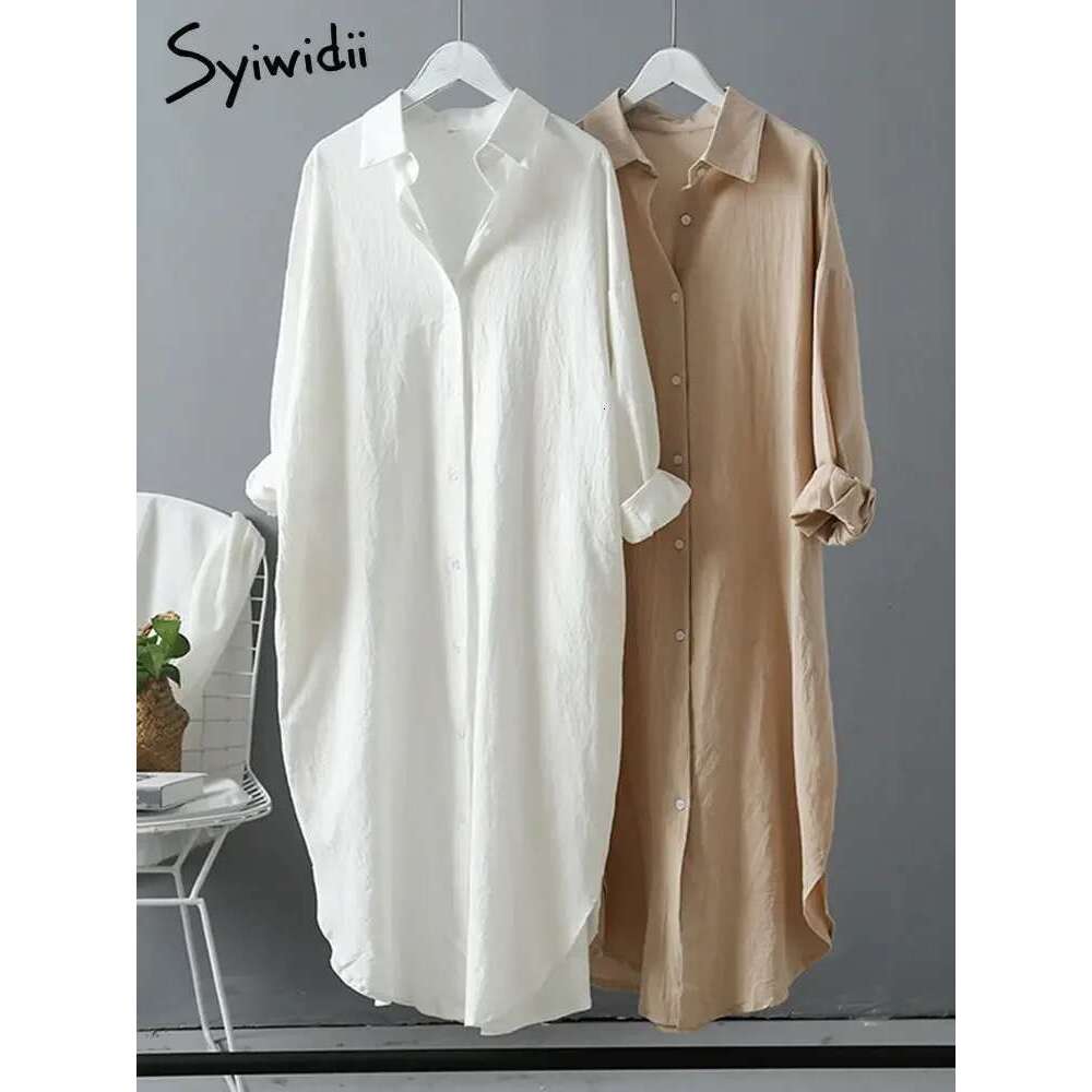 Syiwidii Long White Shirt Dress for Women Cotton Spring Fall Casual Korean Clothing Vintage Oversized Midi Robe Loose Cardigans