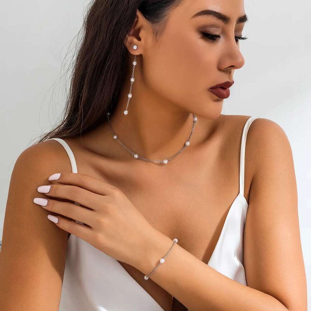 Korean Fashion Imitation Pearl Chain Necklace Bracelet Drop Earrings For Women Girls Sweet Piercing Earring Wedding Jewelry Set